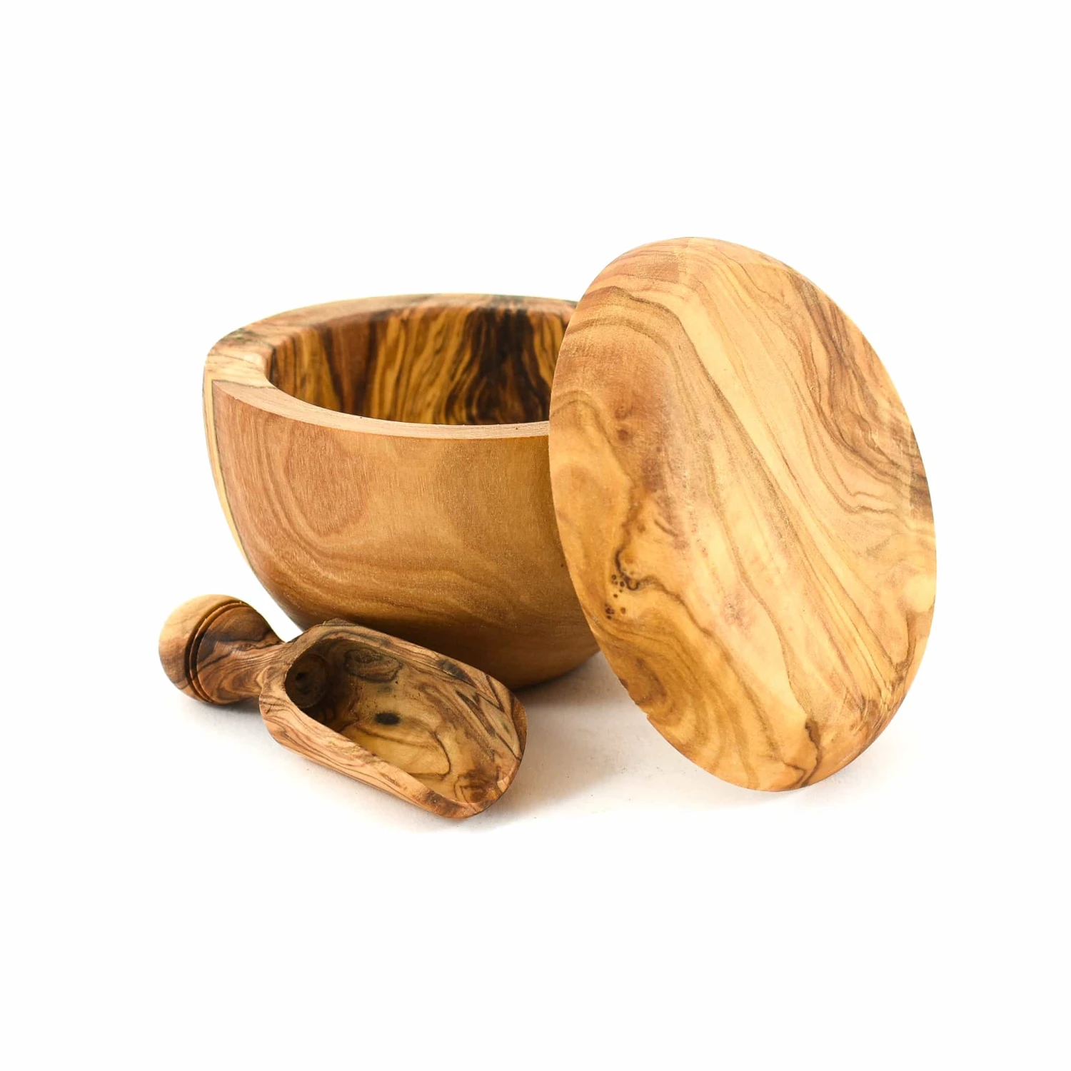 Olive Wood Salt Pot And Scoop Set 3 Olive Wood Salt Pot And Scoop Set